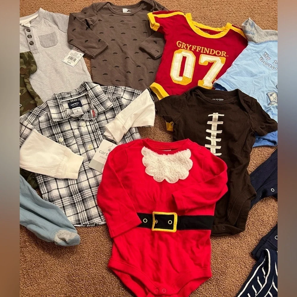 Bundle of 17 Boys Clothing Pieces Size 6-9 Months Pajamas, Tops, Onesies, Pants